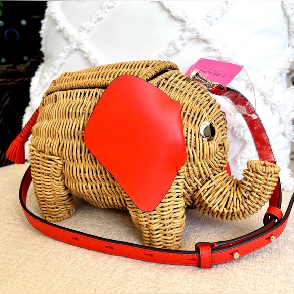 KATE SPADE tiny wicker + leather elephant crossbody bag natural + orange